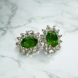 New Sterling Silver, Natural Diopside & White Topaz Halo Stud Earrings